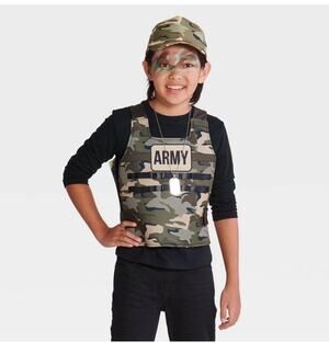 Kid's Army Solider Halloween Costume Kit Vest Hat Dog Tag Child One Size